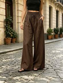 SHEIN PETITE Women's Minimalist Casual Solid Color Textured Drawstring Waist Pocket Long Pants - Brown - View 3