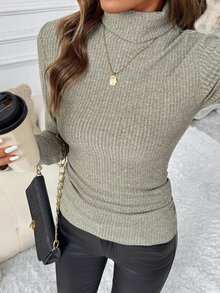 Editum 女款優雅羅紋高領內搭衫，適合日常疊穿與多場合穿著，秋冬季 - 淺灰色 - 查看 6
