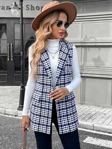Editum Women's Casual Houndstooth Vest, Summer/ Work Office Navy And White - Blue - View 4