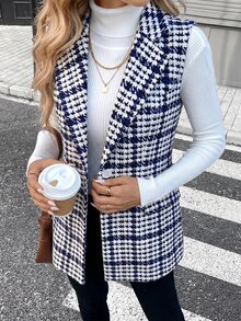 Editum Women's Casual Houndstooth Vest, Summer/ Work Office Navy And White - Blue - View 3
