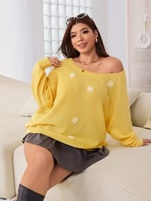 Solflare 大尺碼秋季休閒仙女風 3D 花卉裝飾毛衣 度假畢業款 白色與黃色 - 彩色 - 查看 3
