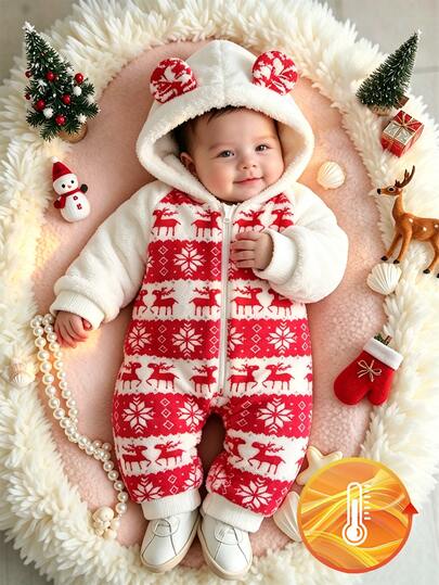 SHEIN Baby Mädchen Winter Weihnachten Vintage Nordisch Bequem Neutral Lässiger Stil Rot & Weiß Kontrastfarbe Dicke Doppelseitige Flanell Lockerer Schnitt 3D Ohren Kapuze Schulter Reißverschluss Romper, Rentier & Schneeflocke Weihnachtsmuster, Geeignet für -basierte Entspannung, Familien-Matching, 1. Geburtstagsparty