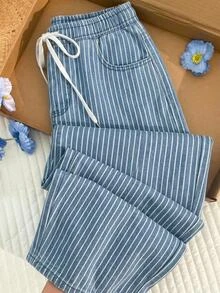 Comfortcana 女款休閒街頭風條紋錐形寬鬆彈性腰頭牛仔褲 藍白條紋九分褲 夏季 Y2K 鄉村風 日常旅行褲 - 藍白色 - 查看 5