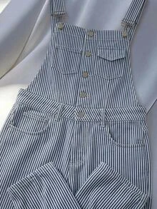 SHEIN MOD 女款休閒條紋牛仔吊帶褲，適合度假穿著 - 藍白色 - 查看 6