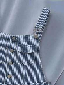 SHEIN MOD 女款休閒條紋牛仔吊帶褲，適合度假穿著 - 藍白色 - 查看 5