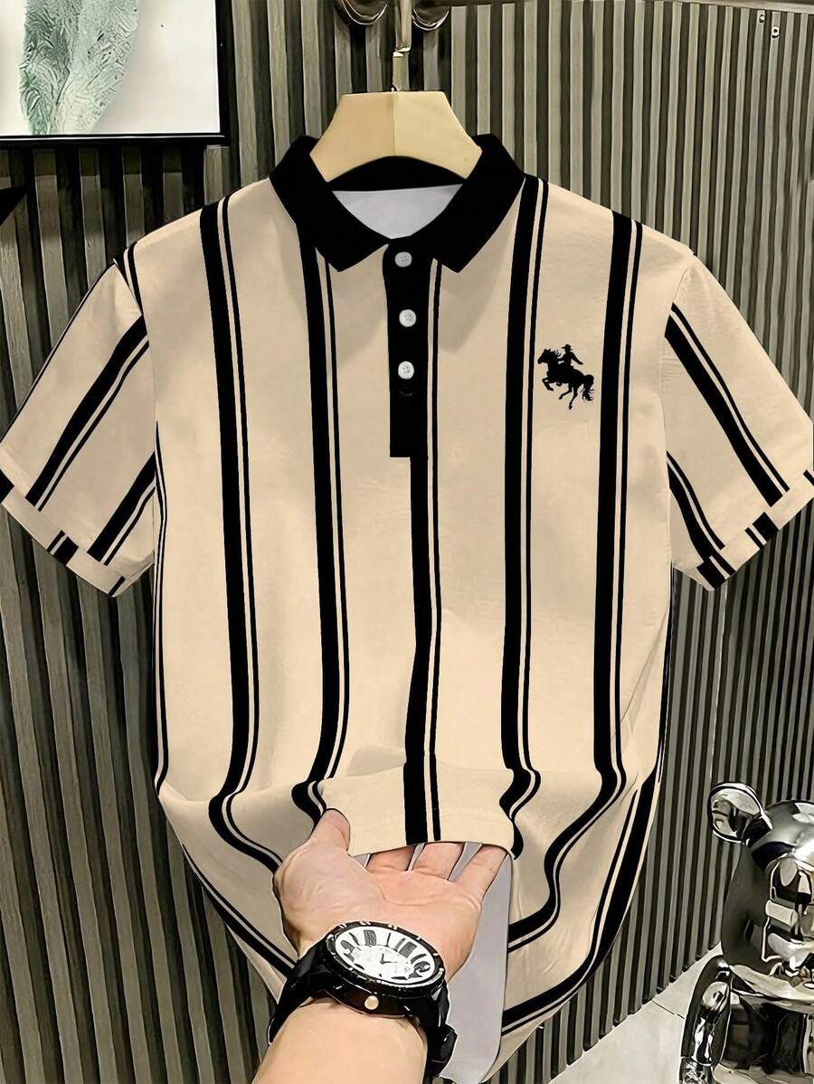 Manfinity Hypemode Men's Apricot Classic Casual Striped Equestrian Pattern Polo Shirt, Ceremony - Multicolor - View 1