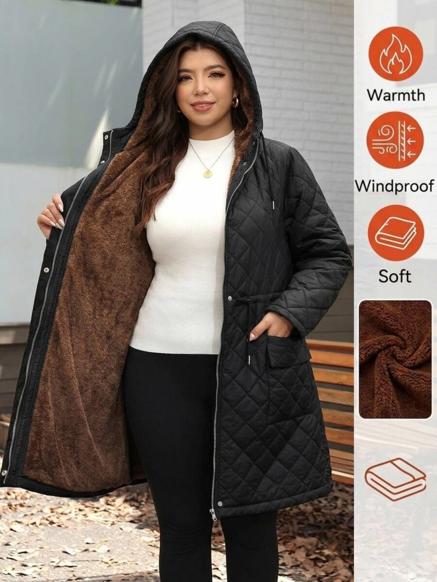 SHEIN LUNE Plus Size Women's Long Sleeve Zipper Front Drawstring Waist Thermal Lined Hooded Jacket - Black - View 1