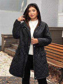 SHEIN LUNE Plus Size Women's Long Sleeve Zipper Front Drawstring Waist Thermal Lined Hooded Jacket - Black - View 4