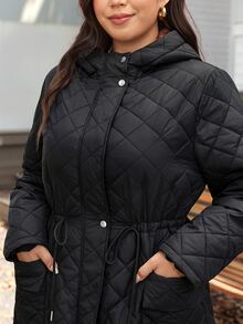 SHEIN LUNE Plus Size Women's Long Sleeve Zipper Front Drawstring Waist Thermal Lined Hooded Jacket - Black - View 3
