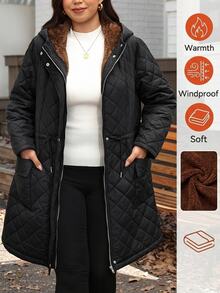 SHEIN LUNE Plus Size Women's Long Sleeve Zipper Front Drawstring Waist Thermal Lined Hooded Jacket - Black - View 9