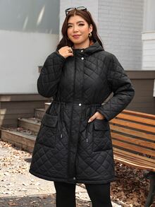 SHEIN LUNE Plus Size Women's Long Sleeve Zipper Front Drawstring Waist Thermal Lined Hooded Jacket - Black - View 2