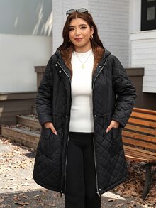SHEIN LUNE Plus Size Women's Long Sleeve Zipper Front Drawstring Waist Thermal Lined Hooded Jacket - Black - View 6
