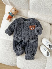SHEIN Playful Pals 2件組 幼兒男童深灰色可愛熊貼布粗針毛線針織毛絨長袖圓領加厚運動衫褲套裝，適合戶外冬季秋季聖誕節假期 - 深灰色 - 查看 7