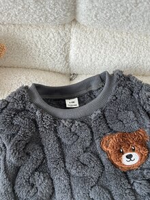 SHEIN Playful Pals 2件組 幼兒男童深灰色可愛熊貼布粗針毛線針織毛絨長袖圓領加厚運動衫褲套裝，適合戶外冬季秋季聖誕節假期 - 深灰色 - 查看 8