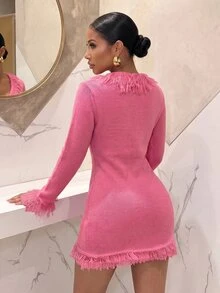 Slaydiva Hot Pink Fringe Trim Knit Mini Dress V Neck Gold Button Long Sleeve Slim Bodycon Tweed Style Party Dress For Women-A - Hot Pink - View 3