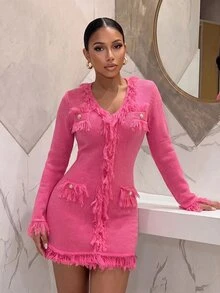 Slaydiva Hot Pink Fringe Trim Knit Mini Dress V Neck Gold Button Long Sleeve Slim Bodycon Tweed Style Party Dress For Women-A - Hot Pink - View 5