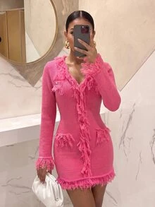 Slaydiva Hot Pink Fringe Trim Knit Mini Dress V Neck Gold Button Long Sleeve Slim Bodycon Tweed Style Party Dress For Women-A - Hot Pink - View 10