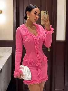 Slaydiva Hot Pink Fringe Trim Knit Mini Dress V Neck Gold Button Long Sleeve Slim Bodycon Tweed Style Party Dress For Women-A - Hot Pink - View 9