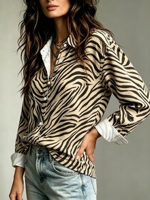 Plus Size Women's Zebra Print Casual Versatile Everyday Outing Shirt - Multicolor - View 3