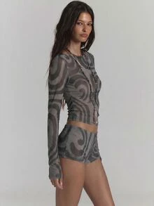 MUSERA Mesh Printed Long Sleeve Slash Neck Top Low Rise Micro Short Co-Ord Sexy Summer Spring Rave Festival Holiday Party Going Out Serpent - Dark Grey - View 5