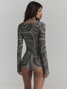 MUSERA Mesh Printed Long Sleeve Slash Neck Top Low Rise Micro Short Co-Ord Sexy Summer Spring Rave Festival Holiday Party Going Out Serpent - Dark Grey - View 3