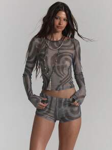 MUSERA Mesh Printed Long Sleeve Slash Neck Top Low Rise Micro Short Co-Ord Sexy Summer Spring Rave Festival Holiday Party Going Out Serpent - Dark Grey - View 6