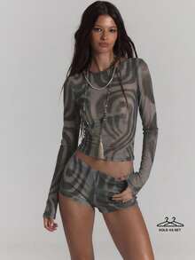 MUSERA Mesh Printed Long Sleeve Slash Neck Top Low Rise Micro Short Co-Ord Sexy Summer Spring Rave Festival Holiday Party Going Out Serpent - Dark Grey - View 2