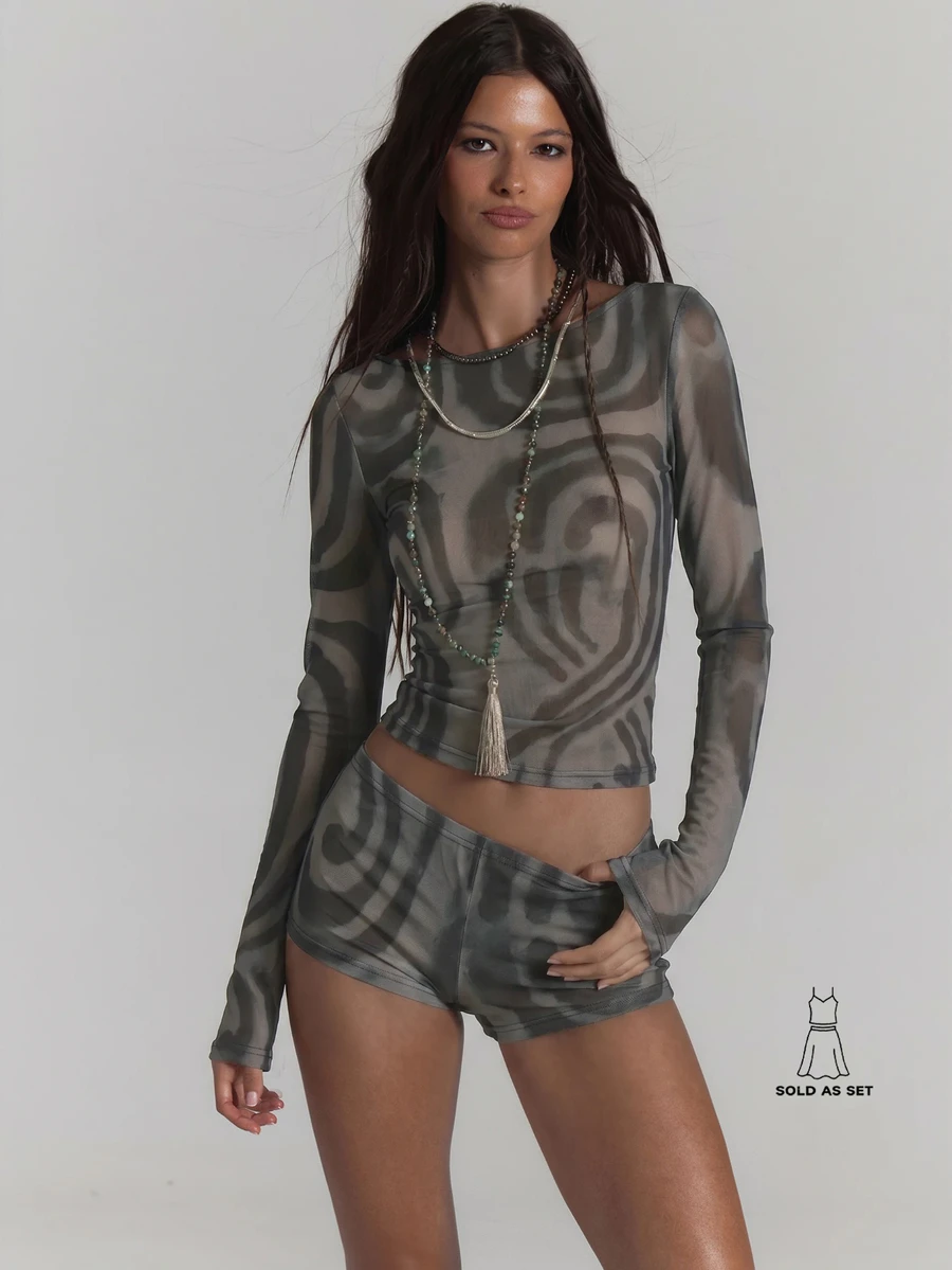 MUSERA Mesh Printed Long Sleeve Slash Neck Top Low Rise Micro Short Co-Ord Sexy Summer Spring Rave Festival Holiday Party Going Out Serpent - Dark Grey - View 1