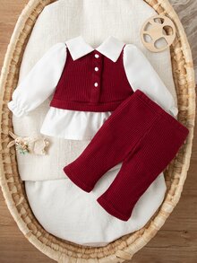 SHEIN Conjunto vintage de 2 piezas para bebé niña, tela acanalada, top de manga larga abullonada efecto dos piezas y pantalones con diadema de lazo, para fiesta y sesión de fotos, primavera-otoño - Burdeos - Ver 3