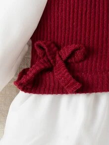 SHEIN Conjunto vintage de 2 piezas para bebé niña, tela acanalada, top de manga larga abullonada efecto dos piezas y pantalones con diadema de lazo, para fiesta y sesión de fotos, primavera-otoño - Burdeos - Ver 4