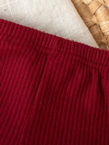 SHEIN Conjunto vintage de 2 piezas para bebé niña, tela acanalada, top de manga larga abullonada efecto dos piezas y pantalones con diadema de lazo, para fiesta y sesión de fotos, primavera-otoño - Burdeos - Ver 6