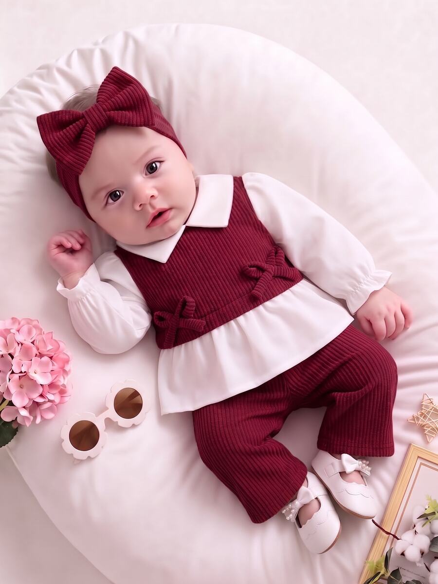 SHEIN Conjunto vintage de 2 piezas para bebé niña, tela acanalada, top de manga larga abullonada efecto dos piezas y pantalones con diadema de lazo, para fiesta y sesión de fotos, primavera-otoño - Burdeos - Ver 1