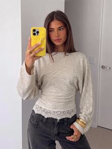 Siren Gaze Contrast Lace Batwing Sleeve Tee - Apricot - View 8