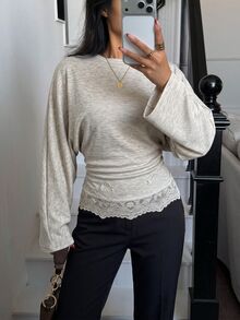 Siren Gaze Contrast Lace Batwing Sleeve Tee - Apricot - View 7