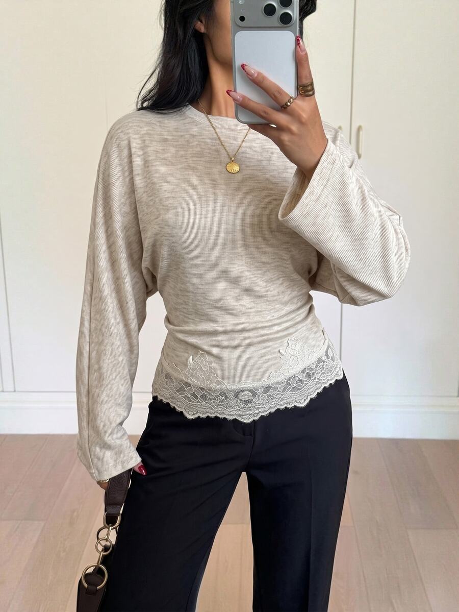 Siren Gaze Contrast Lace Batwing Sleeve Tee - Apricot - View 1