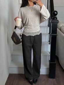 Siren Gaze Contrast Lace Batwing Sleeve Tee - Apricot - View 3