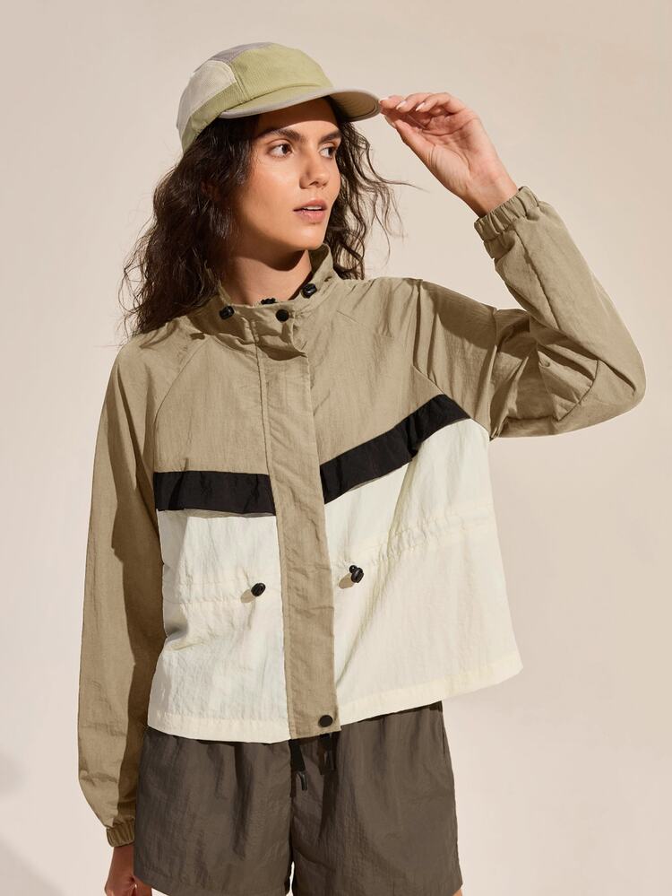 Exploreva Exploreva Women's Outdoor High Neck Button Long Sleeve Colorblock Jacket - Khaki - View 5