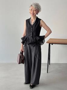 FRIFUL Women's Korean Style Button Polka Dot Print Loose Long Pants Fall - Black - View 3