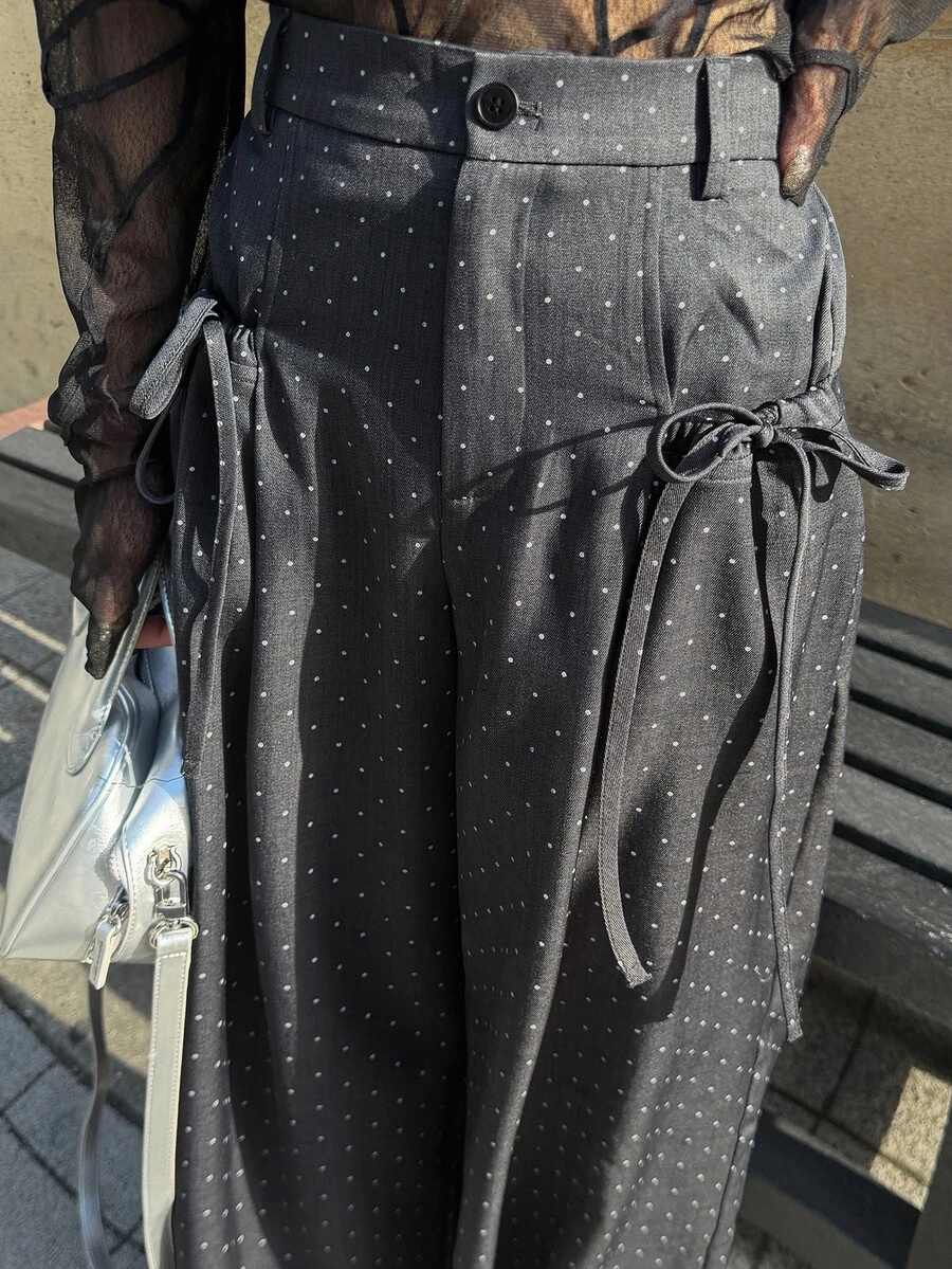 FRIFUL Women's Korean Style Button Polka Dot Print Loose Long Pants Fall - Black - View 1