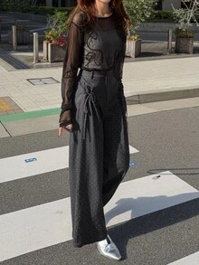 FRIFUL Women's Korean Style Button Polka Dot Print Loose Long Pants Fall - Black - View 11