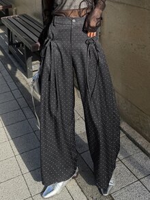 FRIFUL Women's Korean Style Button Polka Dot Print Loose Long Pants Fall - Black - View 8
