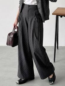 FRIFUL Women's Korean Style Button Polka Dot Print Loose Long Pants Fall - Black - View 9