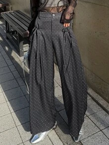 FRIFUL Women's Korean Style Button Polka Dot Print Loose Long Pants Fall - Black - View 13