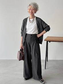 FRIFUL Women's Korean Style Button Polka Dot Print Loose Long Pants Fall - Black - View 4