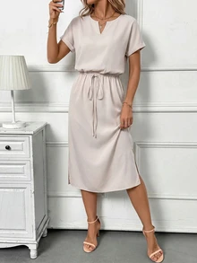 Editum Women's Summer Casual Solid Color Side Slit Midi Dress - Apricot - View 6
