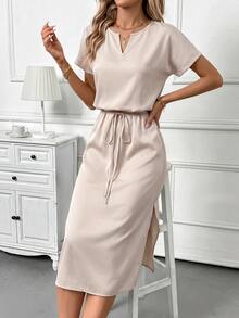 Editum Women's Summer Casual Solid Color Side Slit Midi Dress - Apricot - View 4