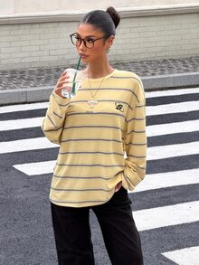 Muchica 女款針織條紋寬鬆長袖T恤 - 黃色 - 查看 6