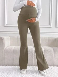 SHEIN 孕婦休閒可調腰圍口袋喇叭褲 - 咖啡棕 - 查看 5