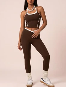 SHEIN BAE Women's 2 Pieces Camisole Top And Leggings Sports Set - Coffee Brown - View 3