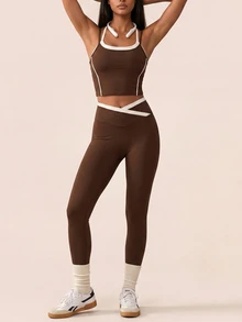 SHEIN BAE Women's 2 Pieces Camisole Top And Leggings Sports Set - Coffee Brown - View 1